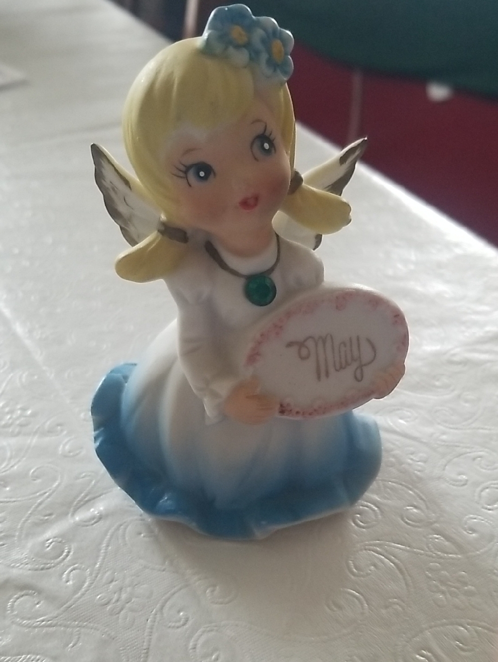 Vintage Blue & White May Angel Figurine Bisque Faux Emerald Birthstone